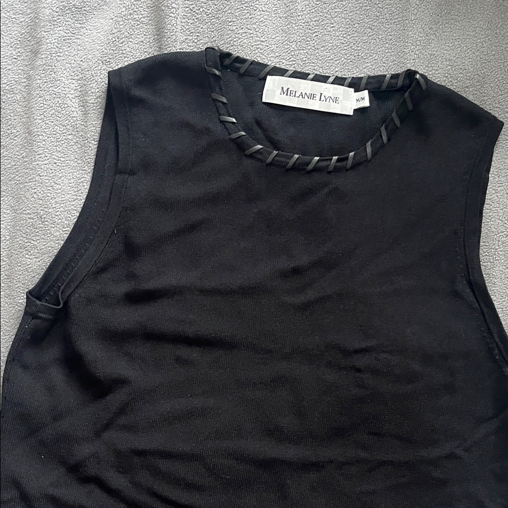 Vintage Black knitted cami with leather accents